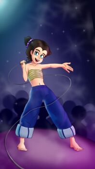 1girl armpit_crease artist_request baggy_pants barefoot blue_eyes brown_hair clenched_hand collarbone concert crowd curtained_hair denim donkey_kong_(series) donkey_kong_bananza feet female_focus fingernails flat_chest freckles hair_intakes hair_ornament happy highres holding holding_microphone jeans lips microphone navel neck nintendo no_shirt open_hand open_mouth outstretched_arm pants pants_rolled_up pauline_(mario) pauline_(young)_(mario) sarashi side_ponytail sidelocks smile stage standing stomach toenails toes topknot underwear