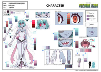 1girl 2018 aqua_hair bandaged_arm bandages blue_hair blue_skin bow bridal_veil colored_skin concept_art dress english_text jewelry lolita_aldea looking_at_viewer necklace official_art open_mouth red_eyes ribbon sharp_teeth shoes short_hair simple_background skull sleeveless smile solo stitched_face stitches teeth veil virtual_hero wedding_dress white_dress white_shoes zombie zombirella