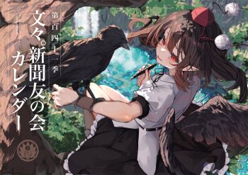 1girl animal_on_arm bird black_hair black_skirt black_wings blush commentary_request crow feathered_wings fingernails hair_between_eyes hat holding holding_pen looking_at_viewer looking_to_the_side minakoshi_yuuya nail_polish pen pointy_ears pom_pom_(clothes) pond puffy_short_sleeves puffy_sleeves red_eyes shameimaru_aya shirt short_sleeves sitting sitting_on_branch skirt smile solo tokin_hat touhou water waterfall white_shirt wings