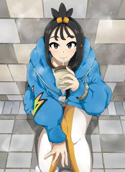 1girl black_hair blue_hoodie bracelet closed_mouth commentary_request cube_hair_ornament cup drinking drinking_straw hair_ornament hand_up highres holding holding_cup hood hood_down hoodie jewelry knees leggings lida_(pokemon) long_hair long_sleeves looking_at_viewer looking_up nintendo pokemon pokemon_legends:_z-a sitting smile solo steaming_body sweat tile_floor tiles tonu_(aobatonu) topknot white_leggings zipper_pull_tab
