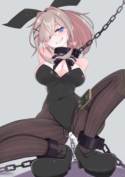 1girl absurdres animal_ear_hairband animal_ears bdsm blonde_hair blue_eyes bondage bound breasts chain collar commentary_request cuffs electrostimulation fake_animal_ears fake_tail female_focus grin hair_over_one_eye hairband highres large_breasts looking_at_viewer menou_74 metal_collar nijisanji pantyhose playboy_bunny ponytail pussy_juice rabbit_ear_hairband rabbit_ears rabbit_tail shackles simple_background smile solo squatting striped_clothes striped_pantyhose suzuhara_lulu tail variant_set virtual_youtuber