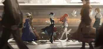 1other 5girls absurdres ascot bird black_boots black_coat black_hat black_pants blurry blurry_foreground boater_hat boots checkered_hairband coat dove dress gloves grey_bird grey_eyes grey_hair grey_shoes hairband hat highres holding holding_suitcase long_hair looking_at_viewer multiple_girls orange_hair pants pants_under_dress people reverse:1999 riai_kurumi rolling_suitcase shoes short_dress short_hair sonetto_(reverse:1999) suitcase train train_station_platform vertin_(reverse:1999) walking white_ascot white_bird white_dress white_gloves white_pants