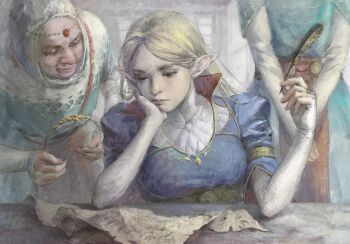 3girls aizheajsee blonde_hair bored closed_mouth elbow_gloves elf feathers fingerless_gloves gem gloves green_eyes hand_on_own_cheek hand_on_own_face highres holding holding_feather jewelry long_hair looking_at_another looking_away looking_to_the_side multiple_girls nintendo parted_bangs pointy_ears popped_collar princess_zelda quill the_legend_of_zelda the_legend_of_zelda:_breath_of_the_wild tiara