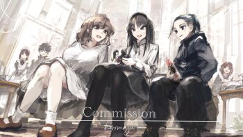 absurdres black_hair black_hairband black_hoodie blue_bow bow champagne_bottle character_request collared_shirt doll dress glasses hair_bow hairband highres hisui_(tsukihime) hood hoodie kohaku_(tsukihime) koromoya long_skirt maid maid_headdress red_hair red_ribbon ribbon shirt skirt tohno_akiha tohno_shiki tsukihime tsukihime_(remake) white_dress white_shirt