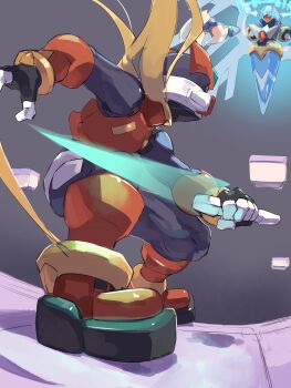 Rule 34 | 2boys, absurdres, android, armor, blonde hair, blue armor, blue helmet, claws, copy x (mega man), energy sword, floating, forehead jewel, full body, helmet, highres, holding, holding sword, holding weapon, long hair, male focus, mega man (series), mega man zero (series), mega man zero 1, multiple boys, omochi (mochi skymega), red armor, red helmet, standing, sword, weapon, z saber, zero(z) (mega man), zero (mega man)