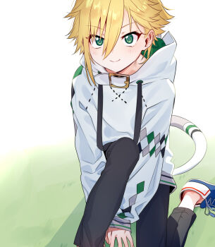 1boy blonde_hair blue_shoes blush cat_tail closed_mouth cr-r drawstring fake_tail flipped_hair foot_out_of_frame grass green_eyes green_hoodie grey_pants hair_between_eyes hood hood_down hoodie hugging_own_leg knee_up long_sleeves looking_at_viewer male_focus nijisanji no_socks pants polka_dot polka_dot_hoodie shoes short_hair sidelocks sitting sneakers solo tail two-sided_fabric uzuki_kou uzuki_kou_(2nd_costume) virtual_youtuber wariza white_background white_hoodie