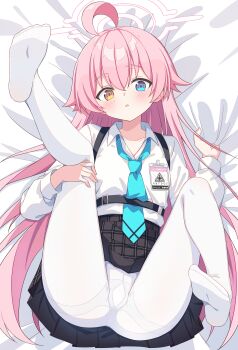 1girl :o absurdres abydos_high_school_logo adapted_costume ahoge belt black_belt black_skirt blue_archive blue_eyes blue_necktie blush breasts chest_harness collarbone collared_shirt commentary dot_nose feet feet_up flat_chest full_body hair_between_eyes hair_spread_out halo hands_up harness heterochromia highres holding holding_own_leg holding_pillow hoshino_(blue_archive) huge_ahoge hugging_own_legs id_card knee_up leg_up legs legs_up loli long_hair long_sleeves looking_at_viewer lying miniskirt necktie no_shoes on_back on_bed open_mouth pantyhose pillow pink_hair pink_halo plaid_clothes plaid_skirt pleated_skirt school_uniform setteiset shirt simple_background skirt small_breasts soles solo spread_legs thighband_pantyhose thighs toes very_long_hair white_pantyhose white_shirt yellow_eyes