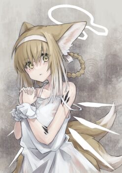 1girl absurdres alternate_costume animal_ears arknights braid commentary detached_wings dress energy_wings fox_ears fox_tail hairband halo highres looking_at_viewer material_growth multicolored_hair multiple_tails oripathy_lesion_(arknights) own_hands_together parted_lips semi_colon solo suzuran_(arknights) tail white_dress white_halo wings