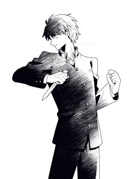 Rule 34 | 1boy, black hair, clenched hand, commentary request, fighting stance, folding knife, hashikko69, highres, holding, holding knife, holding weapon, knife, looking to the side, male focus, monochrome, nanatsu-yoru, reverse grip, school uniform, short hair, souya high school uniform, switchblade, tohno shiki, tsukihime, tsukihime (remake), weapon