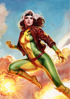 1girl bandana beniamino_bradi black_bandana bodysuit breasts brown_hair brown_jacket clenched_hand commentary english_commentary explosion feet_out_of_frame gloves green_bodysuit highres jacket marvel medium_breasts multicolored_bodysuit multicolored_hair rogue_(x-men) solo two-tone_bodysuit two-tone_hair white_hair x-men yellow_bodysuit yellow_gloves
