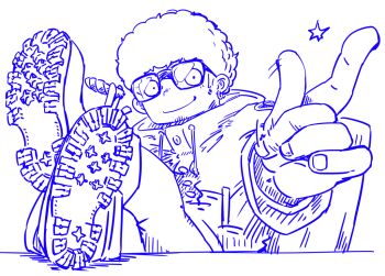 Rule 34 | 1boy, afro, blue theme, cigar, coat, fe (fnocef), franky franklin, glasses, hand up, looking at viewer, male focus, monochrome, shoes on table, sitting, smile, solo, spy x family, white background