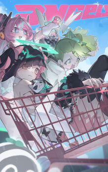 2ho 3girls absurdres angels_of_delusion black_hair blue_eyes bow chinatsu_remiel commentary english_commentary green_eyes green_hair halo highres humanoid_robot multicolored_hair multiple_girls pink_eyes pink_hair robot rokudu_sariel screaming shopping_cart side_ponytail sparkling_eyes twintails wings yutane_johiel zenless_zone_zero