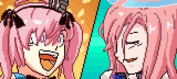 2girls azur_lane closed_eyes commentary_request happy keke_luck lexington_(azur_lane) lexington_ii_(azur_lane) long_bangs medium_hair mega_man_(series) mega_man_x6 mega_man_x_(series) multiple_girls open_mouth parody pink_eyes pink_hair pixel_art saratoga_(azur_lane) scene_reference siblings sisters smile twintails upper_body