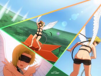 Rule 34 | 1girl, angel (megami tensei), armpits, arms up, ass, barefoot, bdsm, black shorts, blindfold, blonde hair, breasts, butt crack, chain, collar, commentary request, day, demon (megami tensei), feathered wings, full body, harness, highres, hot limit, leash, lens flare, multiple views, open mouth, revealing clothes, shin megami tensei, shirosato, short hair, shorts, slave, small breasts, standing, t.m.revolution, upper body, white wings, wings