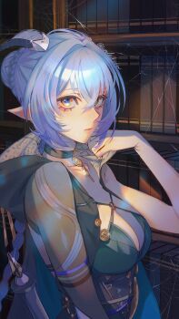 1girl accessories black_unitard blue_hair blue_horns blue_pupils book bra braid braided_twintails breasts choker goat goat_girl goat_horns green_bra green_jacket hair_between_eyes highres holding holding_staff hood horizontal_pupils horns jacket library long_hair looking_at_viewer lucia_elowen medallion pointy_ears silk single_bare_shoulder single_sleeve solo spider_web staff underwear upper_body yellow_eyes zenless_zone_zero zunda_kaku