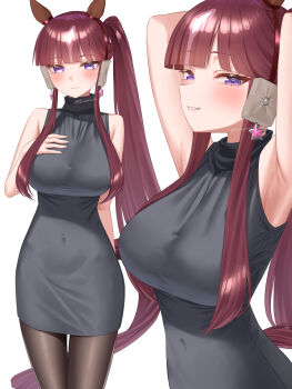 1girl animal_ears armpits arms_up black_dress black_pantyhose blunt_bangs blush breasts brown_hair closed_mouth covered_navel dress ear_covers hair_between_eyes hair_ornament highres horse_ears horse_girl horse_tail large_breasts long_hair looking_at_viewer lucky_lilac_(umamusume) menchi_rishio multicolored_hair pantyhose parted_lips purple_eyes side_ponytail simple_background sleeveless sleeveless_dress smile star_(symbol) tail umamusume white_background
