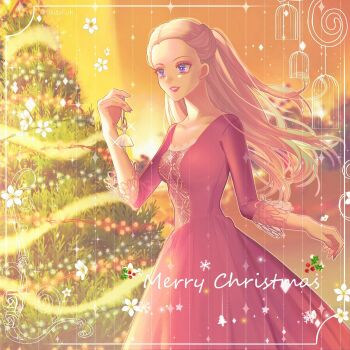 1girl ballerina barbie_(character) barbie_(franchise) barbie_in_the_nutcracker blonde_hair blue_eyes blurry bokeh border cage caption christmas christmas_lights christmas_ornaments christmas_tree clara_(barbie) clara_(the_nutcracker) depth_of_field doll dress filigree flower garland_(decoration) glowing hair_pulled_back highres holding holding_doll holiday lace lace_sleeves lace_trim lights long_hair merry_christmas okitafuji orange_background red_dress red_lips ribbon sleeve_cuffs snowflakes solo sparkle star_(sky) the_nutcracker tinsel