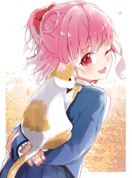 1girl blue_jacket blue_skirt bow carrying cat comadori09 hair_bow hair_rings high_ponytail highres hinomoto_hinatsu jacket looking_back one_eye_closed open_mouth pink_eyes pink_hair pleated_skirt ponytail red_bow shine_post skirt solo