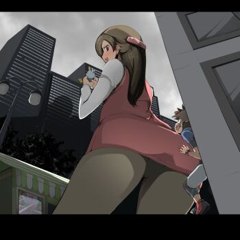 1boy 1girl ass blush brown_hair ducklett from_below gen_5_pokemon giant giantess grey_pantyhose half_updo highres letterboxed long_hair looking_back miniskirt monica_(pokemon) name_john nate_(pokemon) nintendo office_lady office_worker_(pokemon) outdoors pantyhose pencil_skirt pokemon pokemon_(creature) pokemon_bw2 pokestar_studios revision skirt standing upskirt visor_cap