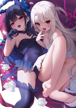 2girls absurdres asymmetrical_gloves bare_shoulders barefoot black_gloves black_hair black_leotard black_thighhighs blush breasts butterfly_hair_ornament cameltoe choker fate/grand_order fate/kaleid_liner_prisma_illya fate_(series) flower gloves hair_ornament hair_ribbon hairclip halo highres illyasviel_von_einzbern leotard loli long_hair looking_at_viewer lying miyu_edelfelt miyu_edelfelt_(swimsuit_lancer)_(third_ascension) multiple_girls nahaki on_back open_mouth red_eyes revision ribbon sidelocks single_thighhigh small_breasts smile thighhighs thighs white_hair