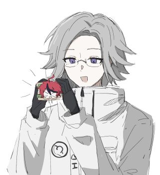 2boys ahoge aotsuki_eito black_gloves black_hair blank_eyes chibi eyelashes food gloves grey_hair highres imminent_vore in_food jacket long_sleeves male_focus mini_person miniboy multicolored_hair multiple_boys open_mouth purple_eyes qiming_zhende_hao_nan red_hair sandwich short_hair simple_background sketch smile streaked_hair sumino_takumi surprised sweat the_hundred_line_-last_defense_academy- two-tone_hair upper_body white_background white_jacket