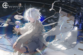 1boy absurdres analog_clock arm_on_knee chinese_commentary chinese_text clock closed_eyes closed_mouth collar commentary commentary_request crystal english_commentary english_text frilled_collar frills hand_up highres holding_hourglass horns hourglass jiang_you long_sleeves male_focus original ribbon shirt short_hair shorts sidelocks sitting socks solo thigh_strap translucent_horns watermark white_hair white_horns white_ribbon white_shirt white_shorts