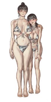 2girls absurdres animal_print arm_around_shoulder bikini black_eyes black_hair breasts chainsaw_man closed_mouth cow_print cow_print_bikini embarrassed feet full_body hair_bun highres huge_breasts large_breasts leaning_forward looking_at_viewer mature_female medium_hair mitaka_asa mitaka_asa&#039;s_mother mossacannibalis mother_and_daughter multiple_girls navel open_mouth print_bikini simple_background standing swimsuit white_background