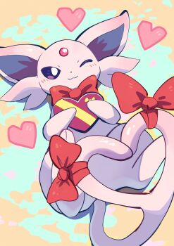 Rule 34 | absurdres, animal focus, blush, bow, bowtie, box, closed mouth, colored sclera, commentary, english commentary, espeon, forehead jewel, gem, gen 2 pokemon, gift, gift box, heart, heart-shaped box, highres, holding, holding box, komanychi, looking at viewer, nintendo, no humans, one eye closed, pokemon, pokemon (creature), pokemon focus, purple eyes, purple fur, purple sclera, red bow, red bowtie, red gem, smile, tail, tail bow, tail ornament