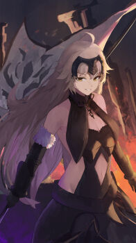 1girl absurdres ahoge bare_shoulders black_dress breasts chain cleavage commentary dress fate/grand_order fate_(series) grey_hair grin headpiece highres holding holding_polearm holding_weapon jeanne_d&#039;arc_alter_(avenger)_(fate) jeanne_d&#039;arc_alter_(avenger)_(third_ascension)_(fate) jeanne_d&#039;arc_alter_(fate) jianjia long_hair medium_breasts navel polearm smile solo weapon yellow_eyes