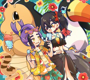 1boy 1girl alternate_costume bag bikini black_bikini black_hair brother_and_sister carmine_(pokemon) commentary_request crossed_bangs double_popsicle dragonite eyewear_on_head floral_print flower food gen_1_pokemon gen_7_pokemon hair_between_eyes hawaiian_shirt hibiscus highres holding holding_food holding_popsicle kieran_(pokemon) midriff mole mole_on_neck mole_under_eye nintendo open_mouth pink_flower pokemon pokemon_(creature) pokemon_sv popsicle purple_hair red_flower sarong shirt siblings side_ponytail swimsuit tacho_baby toucannon yellow_bag yellow_eyes yellow_flower