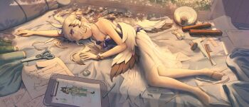 1girl arknights bibeak_(arknights) breasts chinese_commentary cleavage comb commentary_request dress eraser feather_hair feathered_wings gloves grey_hair hair_ornament highres hs.shiroya long_hair low_wings on_bed pantyhose pen ruler scissors sleeping small_breasts solo tape_measure white_gloves white_hair white_pantyhose window wings