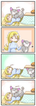 00s 1girl 4koma :3 =_= animal_ears artist_self-insert blonde_hair bowl cat_ears cat_tail closed_eyes comic cynthia_(pokemon) food fruit gen_4_pokemon highres kotatsu long_hair long_image mandarin_orange messy_hair nintendo orange_(fruit) pillow pokemon pokemon_(creature) pokemon_dppt purugly ribbed_sweater ribbon silent_comic sleeping sougetsu_(yosinoya35) squiggle sweater table tail tall_image truth whiskers zzz