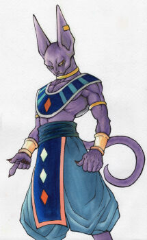 Rule 34 | :3, animal ears, bare shoulders, bracelet, cat ears, colored skin, dragon ball, dragonball z, dragonball z battle of gods, god of destruction beerus, highres, jewelry, monster, muscular, purple skin, traditional media, wristband