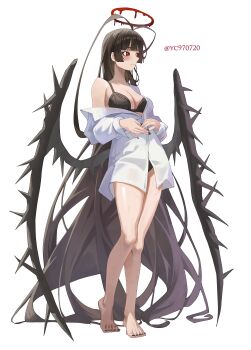 Rule 34 | 1girl, absurdres, alternate costume, antenna hair, barefoot, black bra, black nails, black panties, blood, blood halo, blue archive, blush, bra, breasts, cleavage, comically huge ahoge, commentary, fingernails, full body, halo, highres, korean commentary, legs, liquid halo, long hair, looking to the side, nail polish, panties, red eyes, shirt, simple background, single bare shoulder, solo, standing, toenails, tsurugi (blue archive), twitter username, underwear, very long hair, white background, white shirt, yc97