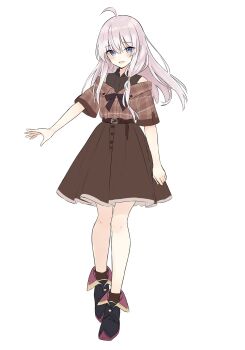 1girl ahoge arm_at_side azuuru bare_shoulders belt belt_buckle blue_eyes blush brown_belt brown_shirt brown_skirt buckle commentary_request elaina_(majo_no_tabitabi) full_body grey_hair hair_between_eyes highres long_hair looking_at_viewer majo_no_tabitabi off-shoulder_shirt off_shoulder official_art open_mouth shirt simple_background skirt smile solo white_background