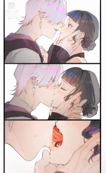 Rule 34 | 1boy, 1girl, black hair, black sleeves, blunt bangs, blush, brown eyes, closed eyes, detached sleeves, double bun, earrings, french kiss, grey hair, hair bun, hair over eyes, hand in another's hair, hashtag-only commentary, hetero, highres, jewelry, kiss, koto hara, kpop demon hunters, looking at another, mystery (kpop demon hunters), open mouth, parted lips, purple sweater vest, shirt, short hair, sweatdrop, sweater vest, tongue, tooth earrings, twitter username, white background, white shirt, zoey (kpop demon hunters)