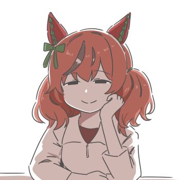 1girl animal_ears black_eyes bow brown_hair closed_mouth green_bow hair_bow half-closed_eyes hand_on_own_cheek hand_on_own_face highres horse_ears horse_girl itota_(taikoubou) jacket long_sleeves looking_at_viewer nice_nature_(casual)_(umamusume) nice_nature_(umamusume) red_shirt shirt simple_background smile solo split_mouth twintails umamusume white_background white_jacket