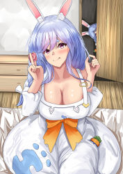 Rule 34 | 2girls, animal ear fluff, animal ears, blue hair, blush, braid, braided ponytail, breasts, carrot hair ornament, carrot in pocket, cleavage, condom, condom wrapper, dress, food-themed hair ornament, hair ornament, hair over shoulder, highres, holding, holding condom, hololive, jelilianamiku, large breasts, looking at viewer, mature female, mother and daughter, multiple girls, orange eyes, pekomama, rabbit ears, rabbit girl, short eyebrows, smile, tongue, tongue out, usada pekora, virtual youtuber, white dress, white hair
