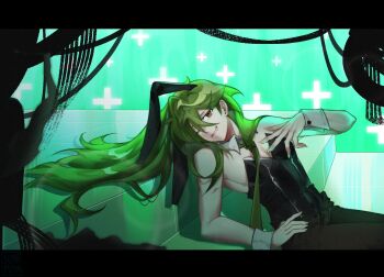 1boy animal_ears bare_shoulders black_leotard black_pants brown_eyes detached_collar green_hair green_necktie green_theme grin hand_up highres leotard lobotomy_corporation long_hair male_playboy_bunny necktie netzach_(project_moon) one_eye_closed pants project_moon rabbit_ears smile solo suyapuya very_long_hair wrist_cuffs