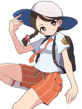 1girl backpack bag black_bag braid brown_eyes brown_hair commentary_request hair_ornament hairclip hat hiyoshipow juliana_(pokemon) naranja_academy_school_uniform necktie nintendo orange_necktie orange_shorts pokemon pokemon_sv school_uniform shirt short_hair short_sleeves shorts single_braid smile solo white_background white_hat white_shirt