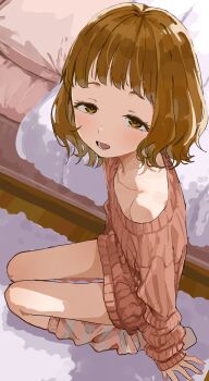1girl absurdres bed blush brown_eyes brown_hair collarbone commentary_request flat_chest highres himemiya_yuki long_sleeves looking_at_viewer manemane_nichinichi off_shoulder open_mouth red_sweater seiza short_hair sitting solo sweater thighs yamamoto_souichirou
