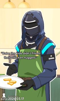 1other ambiguous_gender apron arknights artist_name black_gloves brand_name_imitation chicken_nuggets dated doctor_(arknights) english_text gloves green_apron holding holding_plate hood looking_at_viewer mochusama plate tiktok
