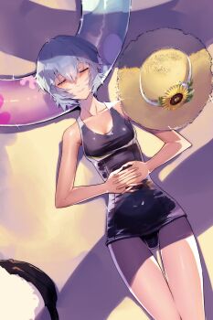 Rule 34 | 1girl, ayanami rei, beach, blue hair, breasts, closed eyes, collarbone, commentary, flower, from above, hair between eyes, hands on own stomach, hat, hat flower, highres, interlocked fingers, lying, neon genesis evangelion, on back, own hands together, school swimsuit, short hair, smile, solo, straw hat, sunflower, swim ring, swimsuit, yagisawa teru