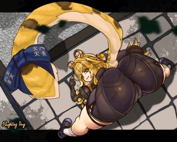 1girl all_fours animal_ears artist_name ass ass_focus bent_over black_gloves black_shorts blonde_hair blue_bow blue_shoes bow cameltoe closed_mouth come_hither elbow_gloves extendable_limbs fang fingerless_gloves from_above from_behind gloves green_eyes hands_on_ground huge_ass ju_fufu kyojiri_loli loli long_hair looking_at_viewer looking_back looking_up naughty_face nightly_day presenting presenting_ass shoes short_shorts shorts smile socks solo spread_legs tail tail_bow tail_ornament thighs tiger_ears tiger_girl tiger_tail top-down_bottom-up very_long_hair very_long_tail white_socks zenless_zone_zero