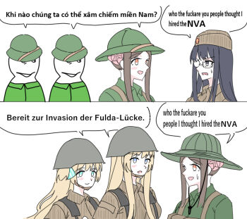 2boys 4girls blonde_hair brown_hair camouflage combat_helmet east_germany east_germany_military_uniform english_text garrison_cap german_text glasses gretel_jeckeln grey_eyes hat helmet irisdina_bernhard liz_hohenstein long_hair meme multiple_boys multiple_girls muv-luv muv-luv_alternative name_connection nationale_volksarmee nguyen_tam_lee people&#039;s_army_of_vietnam pham_thi_ran pith_helmet pun schwarzesmarken speech_bubble stahlhelm_m1956 strichtarn sweat translated vietnamese_text who_the_fuck_are_you_people_i_thought_i_hired_goons_(meme)