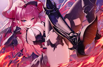 1girl armored_boots armpits azur_lane bare_shoulders black_dress blue_eyes blush boots breasts cleavage commentary_request demon_girl demon_horns demon_tail demon_wings detached_sleeves dress earrings fangs full_body hands_up heterochromia highres horns jewelry knees_up large_breasts leaning_back long_hair lying mecklenburg_(azur_lane) midair no_bra on_back pink_eyes pink_hair pink_nails solo tail thigh_boots thighs tingin_ee very_long_hair wings