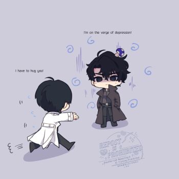 2boys ahoge black_coat black_eyes black_hair black_shirt chibi chibi_only coat collared_shirt commentary curtained_hair english_text hair_between_eyes highres imminent_hug kim_dokja kimidori_22 male_focus multiple_boys omniscient_reader&#039;s_viewpoint open_clothes open_coat outstretched_arms partially_shaded_face popped_collar reaching reaching_towards_another running shirt short_hair symbol-only_commentary white_coat yoo_joonghyuk