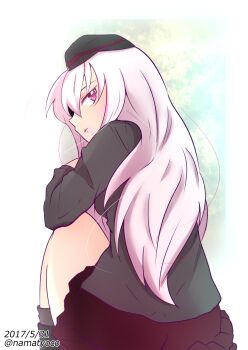 Rule 34 | 1girl, back, black hat, black jacket, frown, girls und panzer, girls und panzer little army, hat, highres, jacket, kuromorimine military uniform, long hair, miniskirt, namatyoco, one-hour drawing challenge, pink eyes, pink hair, red skirt, sheska (girls und panzer), shirt, sitting, skirt