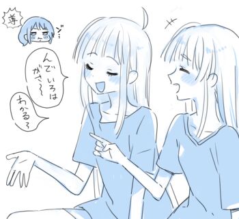 Rule 34 | 3girls, ahoge, blush, cho kaguya-hime!, closed mouth, commentary request, hand up, kaguya (cho kaguya-hime!), long hair, monochrome, multiple girls, myama, pointing, pout, runami yachiyo, sakayori iroha, shirt, simple background, translation request, white background