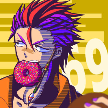 Rule 34 | 1boy, ahoge, beads, biting, collarbone, donut, eating, feathers, food, hair ornament, holding, looking away, lowres, male focus, multicolored hair, nail polish, nanbaka, open clothes, open shirt, purple hair, red hair, rock (nanbaka), scar, shirt, solo, spiked hair, sprinkles, striped background, two-tone hair, upper body, yellow background, yellow eyes